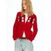 Cárdigan de punto retro rojo con cuello redondo y patrón de rombos para mujer, otoño/invierno, estilo francés, con un sofisticado diseño jacquard de bloques de color, perfecto como capa exterior