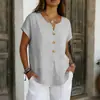 2026 Nueva Ropa de Verano para Mujer Amazon Wish Transfronteriza Europea y Americana Color Sólido Moda Mangas Cortas Botón Trenzado Algodón y Lino Tops para Mujer
