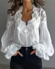 Camisa de Encaje Patchwork con Mangas Abullonadas y Pliegues para Mujer, Moda Independiente Europea y Americana 2026