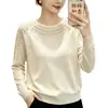Top de Malha Manga Longa Gola Redonda Vazado Estilo Coreano para Mulheres 2026 Primavera/Outono Novo Solto Emagrecedor Versátil Cor Sólida