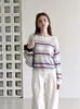 Suéter de Punto con Rayas Huecas de Color Contrastante Estilo Coreano para Mujer, Top Casual Holgado Estilo Perezoso para Principios de Otoño