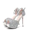 Sapatos de Banquete de Lantejoulas Metálicas Moda Salto Agulha Boca de Peixe Plataforma Oca Sandálias com Fivela Salto Alto 9711-3