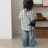 Conjunto de Camisa de Otoño para Niños, Moda Coreana Camisa a Cuadros para Bebés, Pantalones de Mezclilla Versátiles y Modernos para Primavera y Otoño