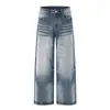Jeans estilo americano JIAMU lavados a mano con bigotes de gato, unisex, desgastados, negro y gris lavados, pierna recta ancha suelta, pantalones largos retro
