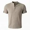 Camisa Henry estilo high street americano primavera y otoño nicho media cremallera tejido gofrado color liso sin cuello manga corta camiseta para hombre, gris oscuro