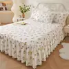 Estilo princesa floral pastoral algodón puro todo algodón falda de cama estilo colcha de una pieza estilo sábana antideslizante funda de cama funda de almohada juego de tres piezas