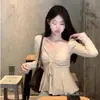 Camiseta de Manga Larga Estilo Puro Deseo para Mujer, Diseño de Otoño, Cintura con Cordón, Top Adelgazante