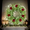 1 guirlanda de flores artificiais rústica com rosas vermelhas e gipsofila, adequada para guirlandas de flores de porta de fazenda na primavera e no verão, decorações de flores para varanda frontal externa, guirlandas de flores verdes realistas para casas, quartos, cozinhas e salas de estar