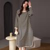 Vestido de Noite de Algodão Puro para Primavera e Outono Feminino Manga Longa Gola Redonda Comprimento Médio Casual Listrado Solto Roupas para Exterior e Casa