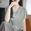 Camiseta de Manga Corta 100% Algodón para Mujer 2026 Verano Nuevo Estilo Color Sólido Cuello en V Top Holgado Estilizado que Cubre la Barriga Talla Grande