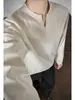 Camiseta de lino sintético estilo americano con cuello en V y manga larga para primavera y otoño, estilo old money, casual y elegante, camiseta básica holgada para hombre