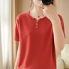 Algodón y Lino Cuello en V Tejido Manga Corta para Mujer Verano Nuevo Estilo Suelto Talla Grande Camiseta Básica Top Delgado Algodón Camiseta de Media Manga