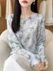 Camiseta larga de manga larga estilo francés, suave y elegante, con estampado de acuarela tipo tinta, cubierta de malla versátil con protección solar, top para aire acondicionado, moderno
