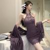 Adega Bêbada Sexy Spice Girl Roxo Novo Estilo Chinês Temperamento Xale Cardigan Renda Vazada Cheongsam Vestido Suit de Pescoço Pendente