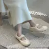 Sapatos planos fofos estilo fada com bico redondo, laço, para outono e inverno, versáteis e quentes, mocassins de algodão com adição de fleece