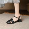 Novas Sandálias de Verão Fechadas Atrás Sandálias Casuais Femininas de Salto Alto Cor Sólida Solado de Couro Bovino Fivela de Tamanho Grande Sapatos Femininos