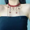 Collar de Cadena para Clavícula para Mujer, Estilo Lujo Ligero, Cruz con Borla y Perlas Rojas Incrustadas de Diamantes, Moderno y a la Moda, Gama Alta, Exquisito, Nicho
