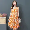 Vestido Colete de Algodão e Seda Plus Size Verão Novo Estilo Étnico Roupas Femininas Retrô Literário Estampado Sem Mangas Saia Longa