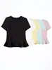 Camiseta de manga curta com borda de lótus para mulheres, novo estilo de verão, gola redonda simples, modeladora, plus size, com um design de ombro distinto, moda feminina de nicho
