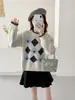 Tricô Retrô Coreano com Estampa de Losango, Coração e Laço, Gola Redonda, Manga Longa para Mulheres, Outono e Inverno 2025, Tricô Elegante com Efeito Emagrecedor