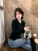 Traje Estilo Coreano Início do Outono Tricô Feminino Novo Gola Lapela Botão Camisa Temperamento Suave Simples Versátil Suéter de Manga Longa