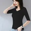 Camiseta de Algodón de Manga Media para Mujer Top de Manga Siete Puntos Cuello Medio Alto Camiseta Básica Primavera y Otoño 2022 Verano Nuevo Ajustado