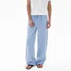 Calça Listrada Azul da Moda Outono 2026 Cintura Alta Casual Emagrecedora Versátil Calça de Barra Reta Calça de Barra Larga