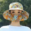 Sombrero de Pescador Floral para Recoger Té, Sombrero para el Sol, Viajes al Aire Libre en Verano, Todo en Uno a Prueba de Polvo y Sol, Cubre Rostro Completo, Sombrero de Copa Plana Anti-UV