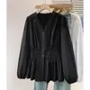 Camisa Feminina Gola V Manga Longa Estilo Francês, Outono e Inverno, Tamanho Grande, Caimento Solto, Emagrecedor, Elegante, Único, Top Chique com Manga Bufante