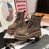 Botas Martin con Pedrería para Mujer 2026 Nuevo Estampado de Leopardo Completamente Cubiertas de Pedrería de Lujo con Cordones Botines Cortos Punta Redonda Plataforma de Suela Gruesa Botas Biker para Mujer