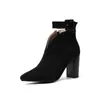 Botines de gamuza de comercio exterior, talla grande, tacón grueso, punta fina, correa en el tobillo, botas para mujer 09-10