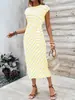 2025 Elegante Vestido Largo de Verano para Mujer de Alta Gama con Cinturón de Cintura Cruzado, Rayado, de Cuello Redondo y Manga Corta