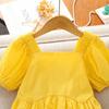 Vestido Elegante de Manga Abullonada para Niñas Verano Amarillo Falda de Cumpleaños Vestido de Princesa para Niñita Falda Larga para Niños Medianos y Grandes