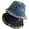 Sombrero de Pescador de Mezclilla Vintage Desgastado para Hombres y Mujeres, Sombrero de Cubo Versátil para Todas las Estaciones con Bordes Deshilachados, Sombrero de Cubo de Moda con Protección Solar para la Cara