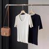 Top de Punto de Manga Corta con Cuello de Huevo de Ganso 100% Tencel, Elegante, de Gama Alta, de Alta Elasticidad, Adelgazante, para Verano para Mujer