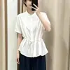 Produtos Europeus de Alta Qualidade 26 Novo Estilo de Verão Gola Redonda Mangas Curtas Botões na Frente Cinto Afinando a Cintura Escondendo a Barriga Camisa de Algodão e Linho para Mulheres