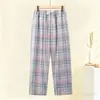 Pantalones de pijama de algodón puro para mujer, finos y holgados, adecuados para usar fuera, para madres de mediana edad, pantalones caseros de cuadros 100% algodón, estilo fino de verano