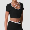 Roupa de Yoga Cor de Verão Color Block Vazado Cropped com Bojo Camiseta Crop Top para Esportes ao Ar Livre Fitness