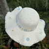 Foto estilo vacación en la playa junto al mar sombrero de paja floral azul y blanco para mujer versátil simple sombrero de protección solar sombrero de ala ancha de moda