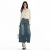 Mali Mary & Retro Americano|Diseño de Pantalón con Bolsillo de Solapa Frontal|Falda de Mezclilla con Abertura para Mujer Bordado de Lana Retro Azul