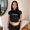 Camiseta Feminina de Manga Curta com Gola Redonda e Letras com Strass, Top Versátil Curto da Moda de Verão, Estilo Europeu e Americano