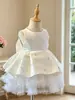 Vestido de cumpleaños de un año para niñas, nuevo estilo 2026, vestido de dama de honor, vestido de princesa de satén blanco para niñas pequeñas