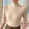 Novo suéter de malha de gola alta média e manga média para outono inicial para mulheres, casaco base de veludo Andy de manga três quartos, camada interna da moda
