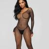 Europeo y Americano transfronterizo popular sexy seda negra caliente pedrería estrellada entrepierna abierta mono manga larga sexy uniforme tentación ropa interior