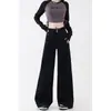Calça Jeans Wide Leg Preta de Cintura Alta para Mulheres, Tamanho Plus Size de Inverno, Figura em Formato de Pera, Solta e Emagrecedora, Calça Flare de Nicho para Outono