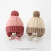 Gorro infantil de bloques de color para otoño e invierno con pompón grande, gorro de lana con cordones para niños y niñas