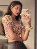 Camiseta Corta de Verano 2025 Estilo Retro Americano Floral Waffle para Mujer con Cuello Cuadrado, Mangas Abullonadas y Ombligo Descubierto Top Trendy