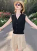 Cardigã de malha de seda gelada com decote em V estilo francês para mulheres, blusa de malha de manga curta, novo top popular de verão sem mangas 2026