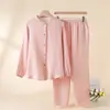 Pijama de Algodão Estilo Casal Outono e Inverno Cor Sólida Simples Solto Roupa de Casa Gola Alta Manga Longa Conjunto de Calça Longa Pode Ser Usado Fora