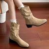 Botas Femininas de Bico Fino Plissadas Estilo Novo 2026, Botas Country Western Vintage, Botas Curtas Cano Médio com Corte em V